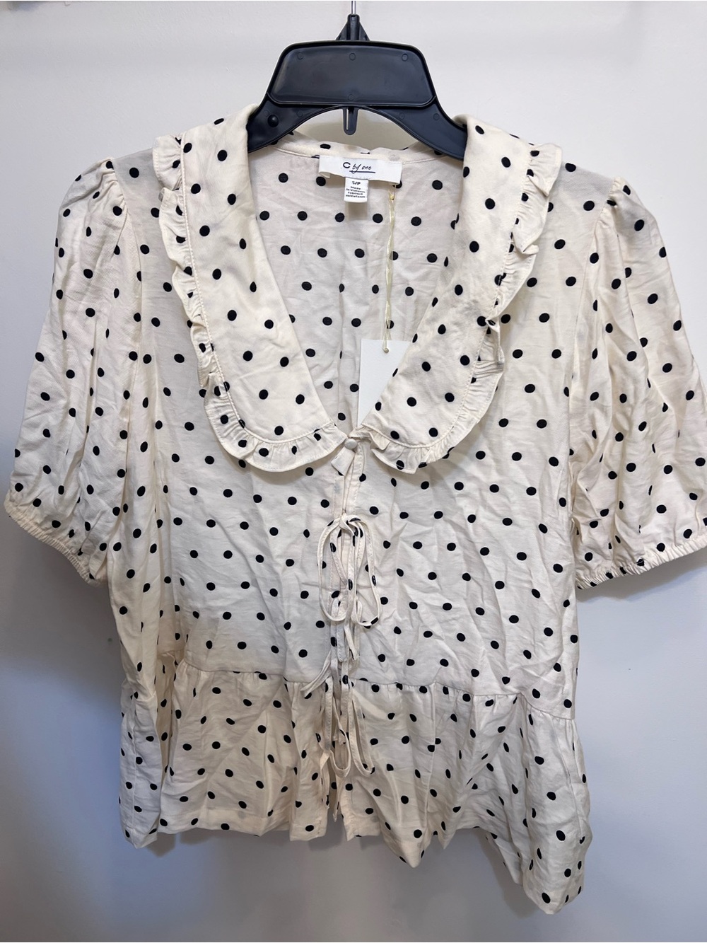 Polka Dot Ruffle Tie-Front Blouse - Cream with Black Dots